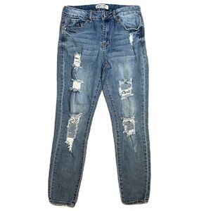 Almost Famous High Rise Distressed Skinny Jeans Medium Wash Size 7 Juniors